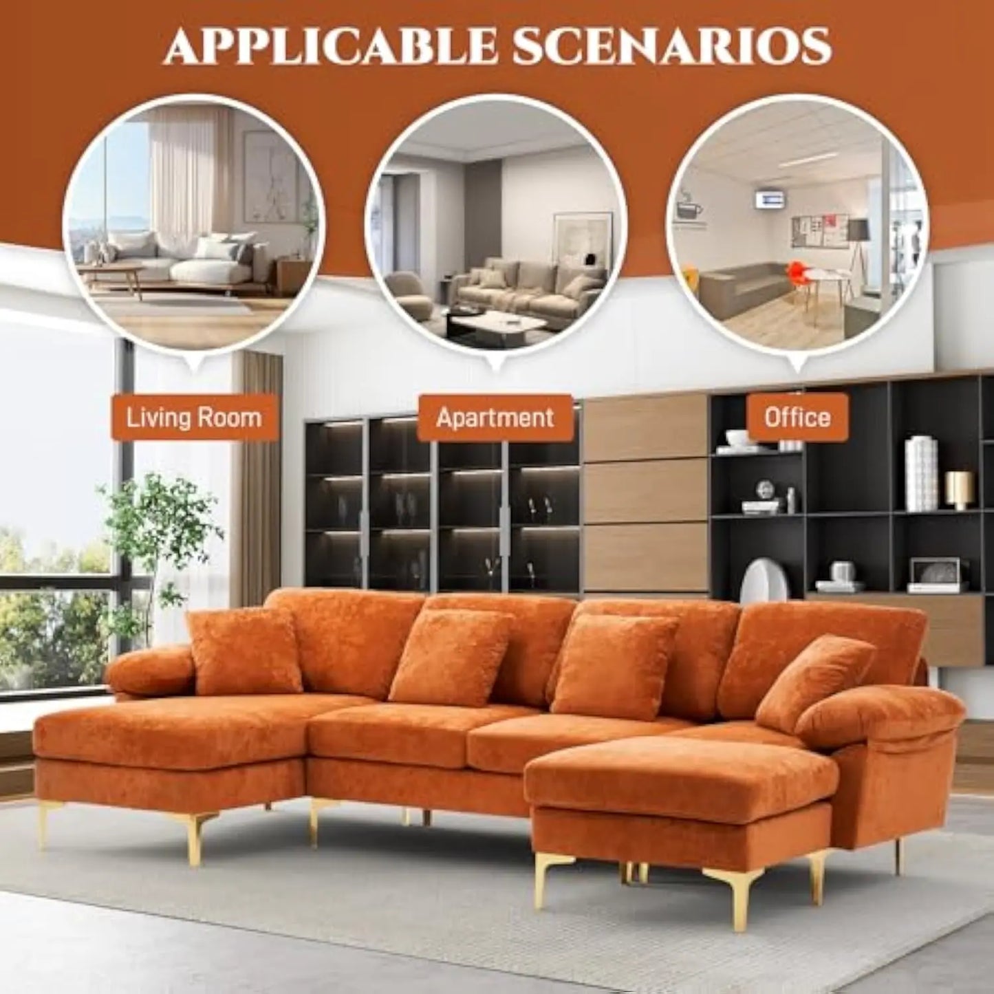 U Shaped Sectional Sofa Couch Set for Living Room Convertible Velvet with Chaise Lounge Ottoman and Pillows