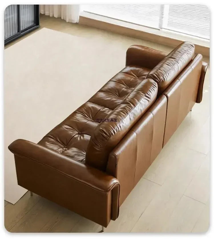 TTTTMedieval Oil Wax Leather Creative Sofa Living Room Retro Old Caramel Color Large Straight Row Sofa