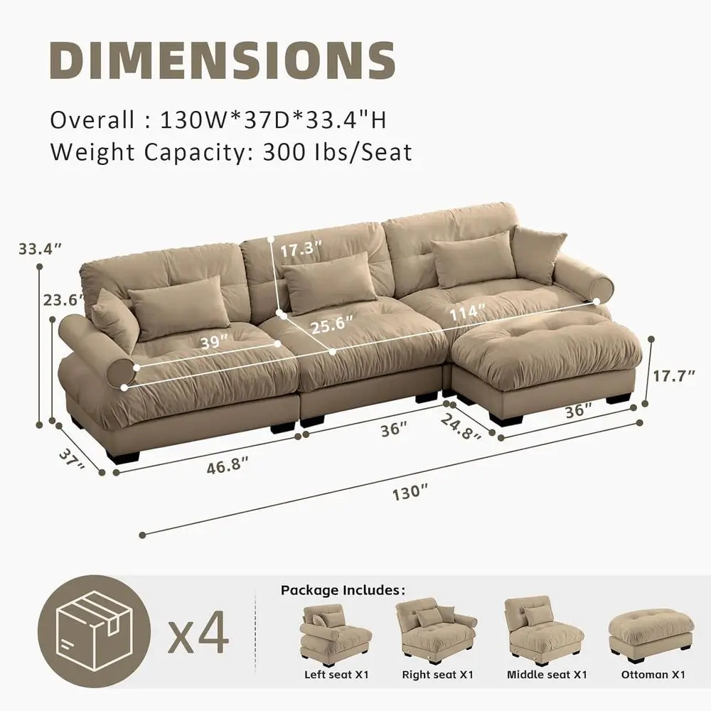 Camel Velvet 3-Seat Cloud Sectional Sofa with Ottoman, 130 L-Shaped Couch for Family Living Room, Pet-Friendly, Deep Seating, Hi