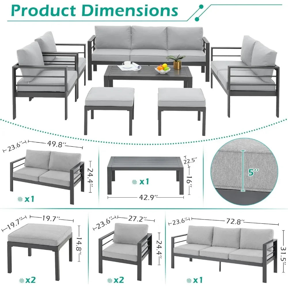 Aluminium modern patio furniture with coffee table, 7-piece outdoor conversation set, dark grey cushions, suitable for balcony