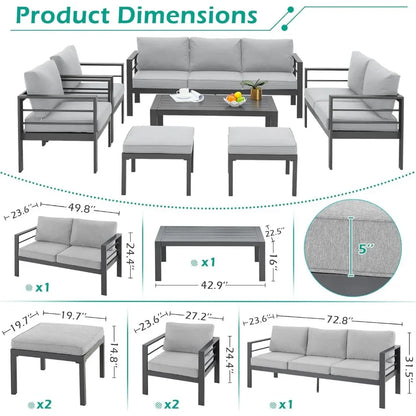 Aluminium modern patio furniture with coffee table, 7-piece outdoor conversation set, dark grey cushions, suitable for balcony
