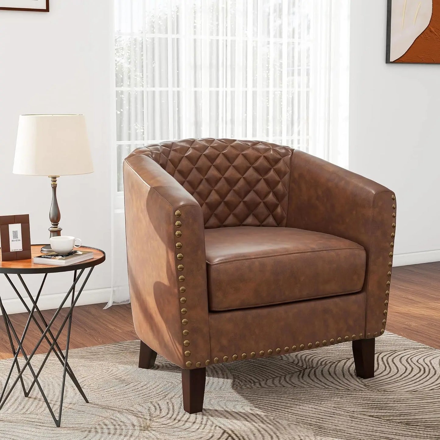 Pia Ricco Faux Leather Barrel Accent Chair, Modern Club Arm Chair Comfy Upholstered Single Sofa Chair with Solid Wood Legs and N