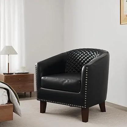 Upholstered Faux Leather Club Chair with Nailed Trim - Comfy Reading Armchair for Living Room and Bedroom Reception Area