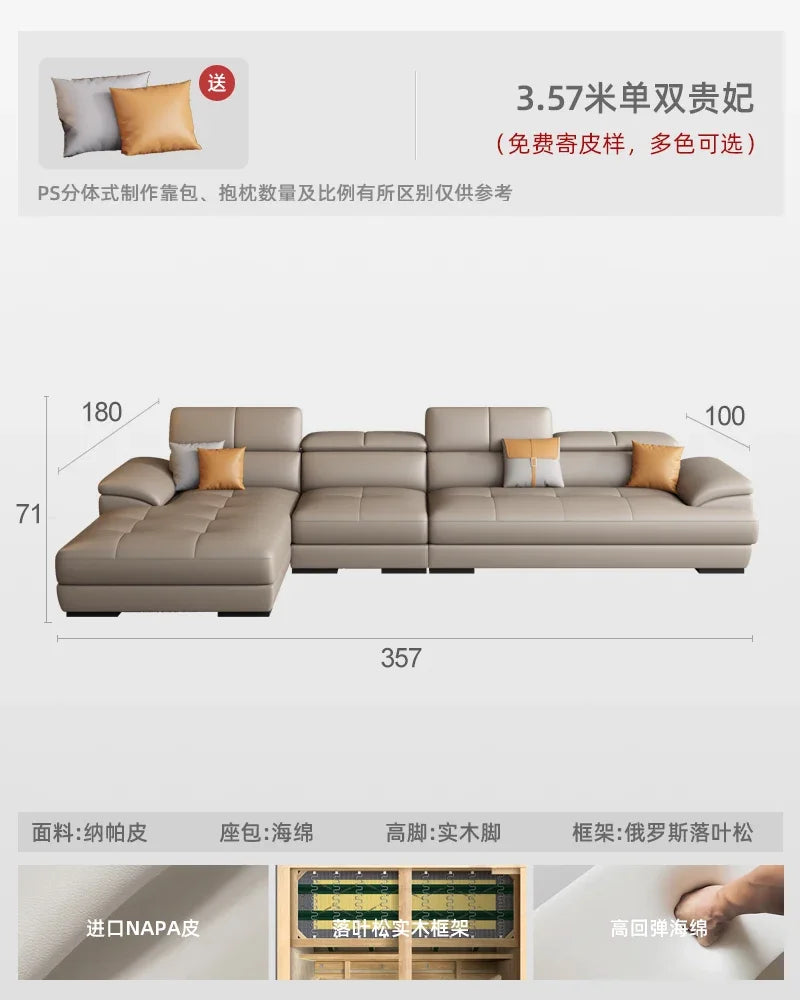 Nordic leather sofa with cowhide top layer, simple modern size, living room, Italian minimalist cream style leather sofa