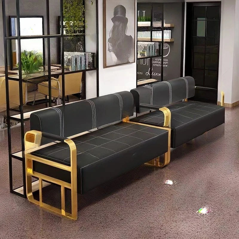 Beauty Salon Barbershop Waiting Area Furniture Gold Metal Frame Leather Double Seats Room Chair