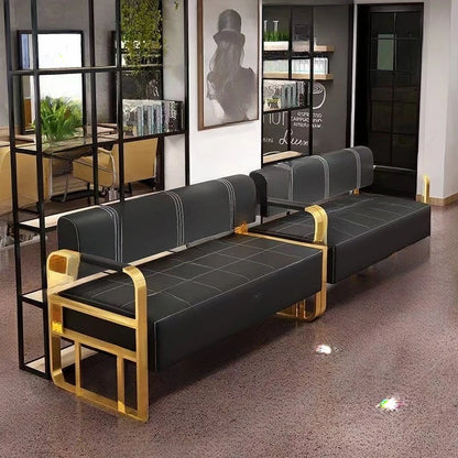 Beauty Salon Barbershop Waiting Area Furniture Gold Metal Frame Leather Double Seats Room Chair
