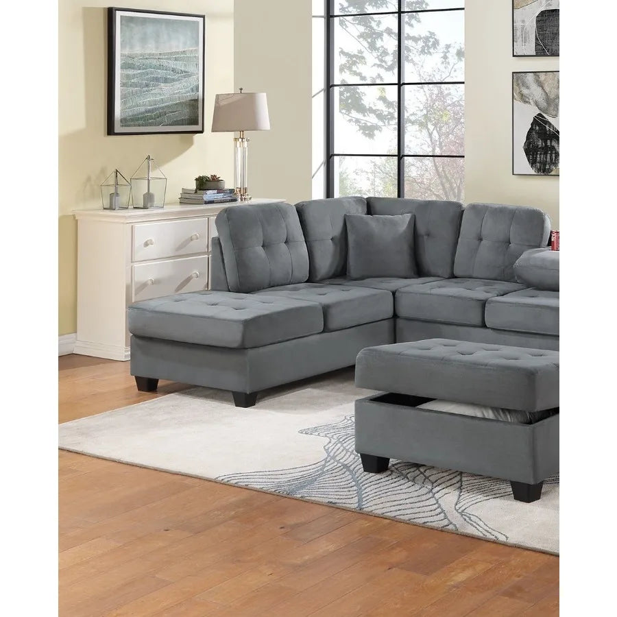 Dark Gray Plush Microfiber Living Room Furniture 3PCS Reversible Sectional Sofa Set Sofa w Cup Holder Reversible Chaise And Sto