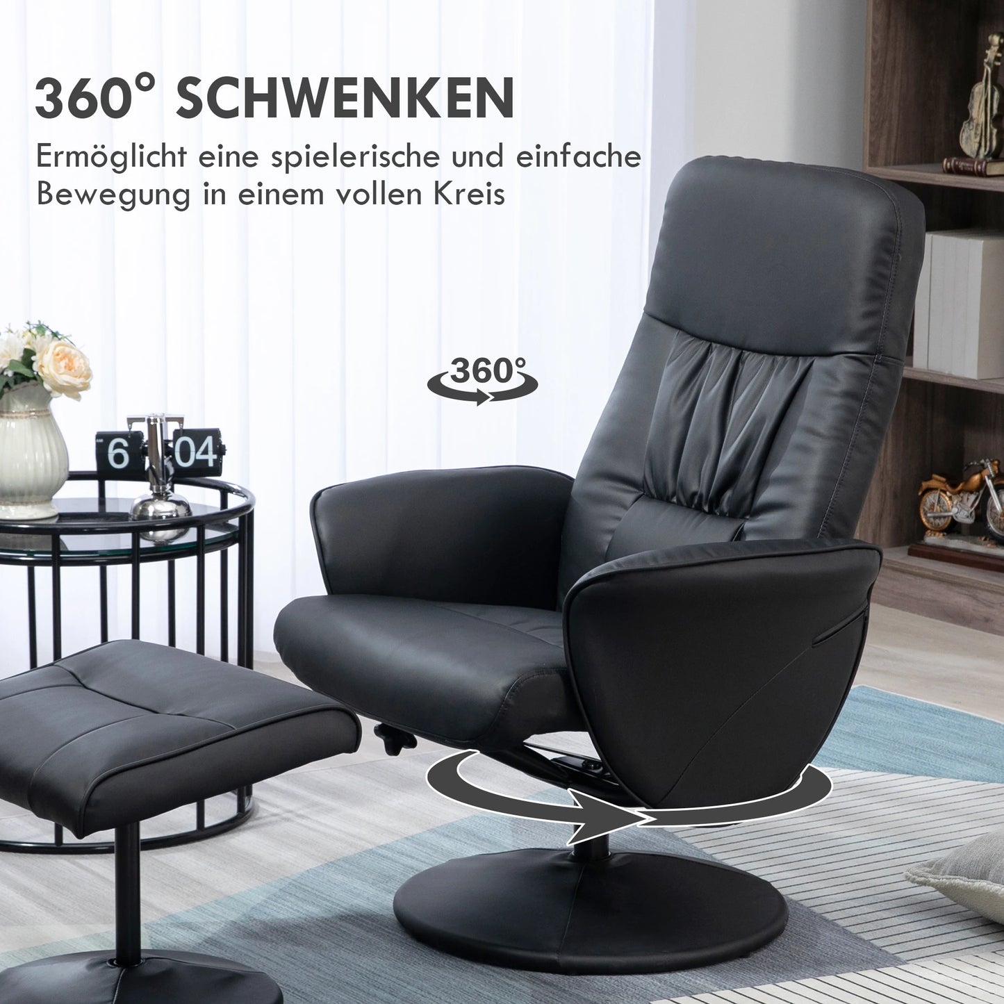 Reclining armchair with footstool, TV armchair, swivel upholstered armchair for living room, bedroom, faux leather, black