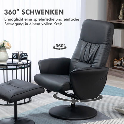 Reclining armchair with footstool, TV armchair, swivel upholstered armchair for living room, bedroom, faux leather, black
