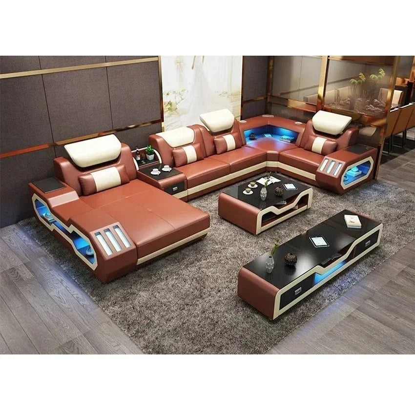 European Design Style LED Electric Sectional Sofa Set Top Microfiber Leather Home Furniture For Luxury Villa Living