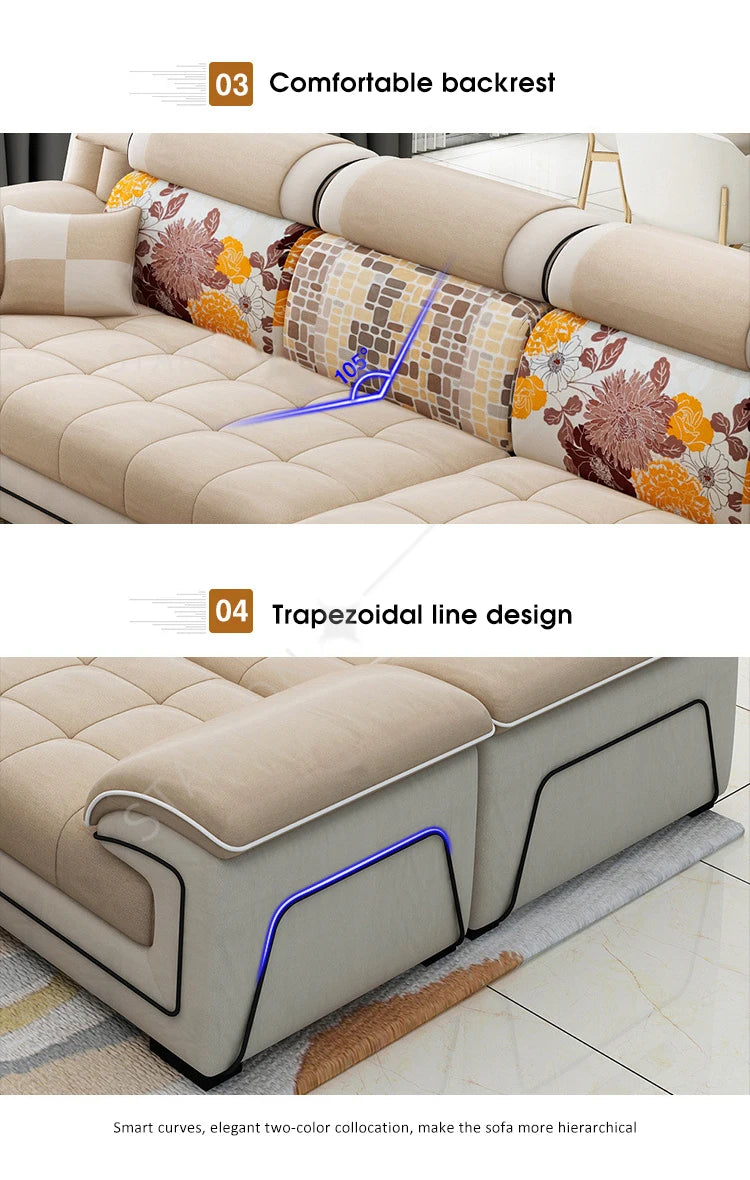 Modern Living Room Lounge 7 Seater U Shaped Sofa Set Furniture L Shape Sectional Couch Luxury Microfiber Fabric Modular Sofa