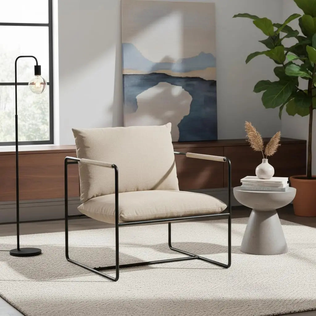 Modern Mid-Century Accent Chair, Upholstered Lounge Armchair with Metal Base & Removable Cushion for Living Room Bedroom Grey