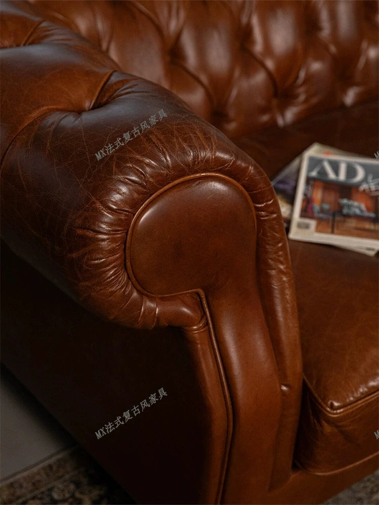 French vintage style button-tufted sofa, classic American cigar bar Burton sofa, mid-century whiskey straight-line sofa