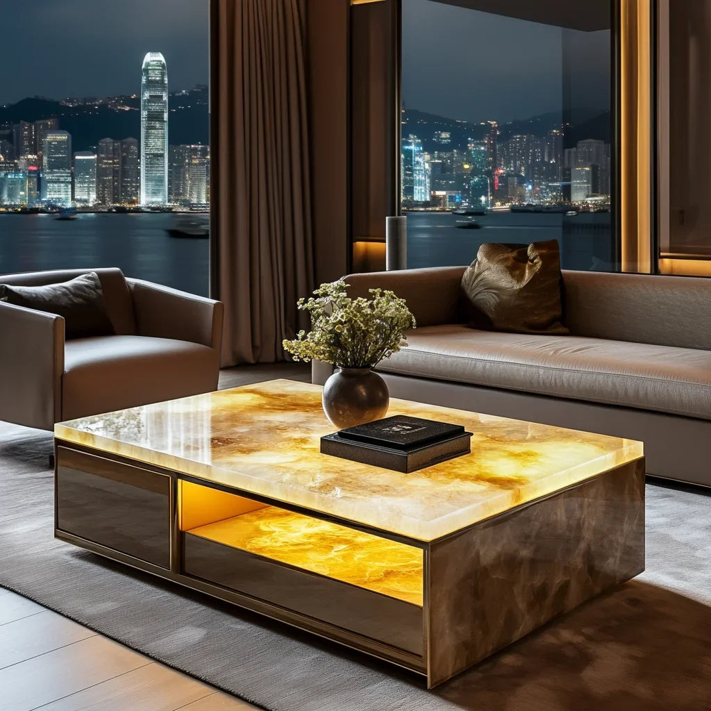 11Customized square modern luminous jade coffee table living room design large flat luxury stone villa marble home