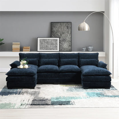 Couch U-shaped Sectional Sofa Japanese Dark Blue Sleeper Sofa  with Waist Pillows Double Chaise Lounge for Living Room Apartment