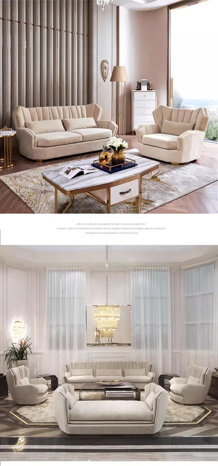 High-quality luxury white modern sofa with solid wood frame and metal, suitable for home or villa furniture