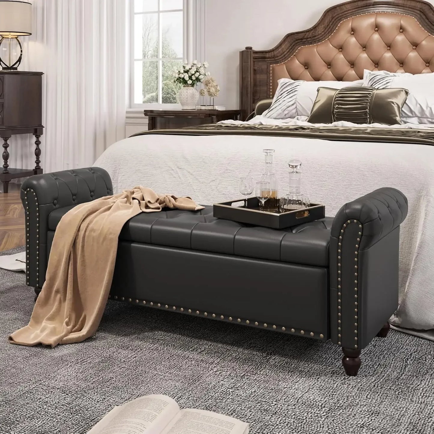 Modern 55" Faux Leather Storage Bench for Bedroom - End of Bed Bench with Lift-up Seat, Multi-Functional Footboard & Window Seat