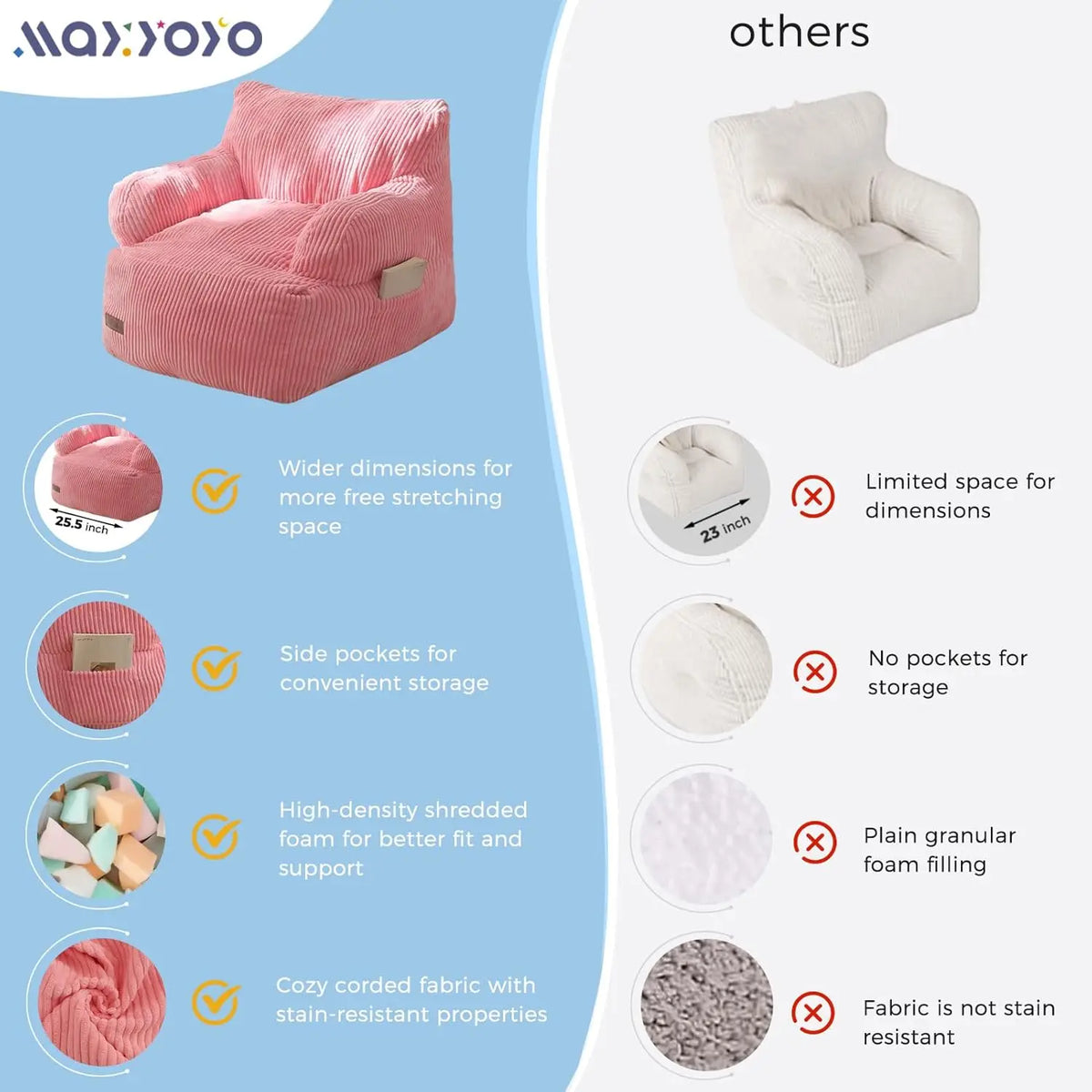 Kids Bean Bag Chair, Toddler Sofa with Foam Filling and Pocket for Gaming Reading Pink