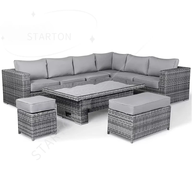 4 Pieces Rattan Garden Sofa Set Sectional Cushions Modern Dining Metal Aluminum Fire Pit Wicker Rope Outdoor Patio Furniture Set