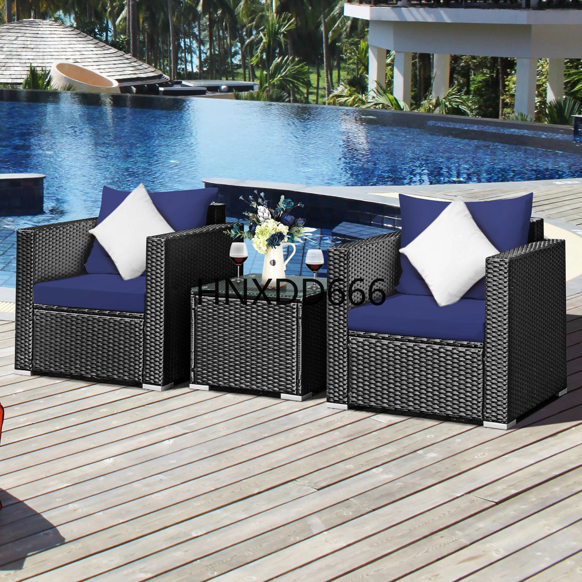3PCS Patio Rattan Wicker Furniture Set Sofa Table W/Cushion Yard Navy