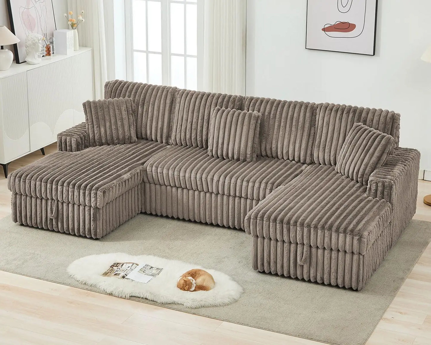 TODRANI 122 inch Overisze U Shaped Sleeper Sofa Pull Out Bed, Sleeper Sofa with Double Storage Chaise for Living Room