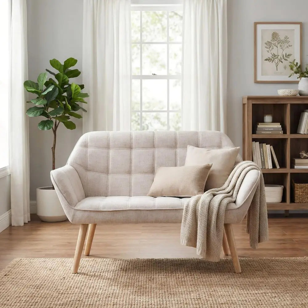 Loveseat Sofa, Modern Linen Upholstered Mini Couch 2Seater Fluffy Love Seat with Quilting Backs and Wood Legs for Small Space L