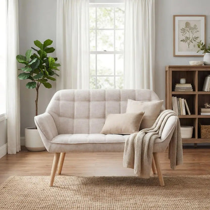 Loveseat Sofa, Modern Linen Upholstered Mini Couch 2Seater Fluffy Love Seat with Quilting Backs and Wood Legs for Small Space L