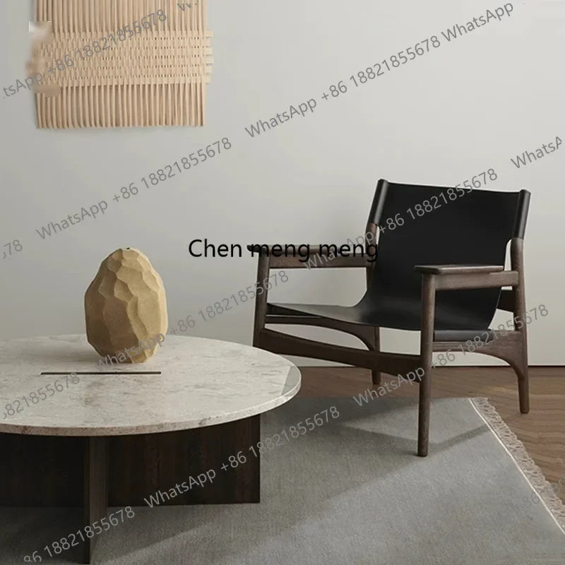 A178  High-end Leather Chair, Danish Leisure Single Back Chair, Solid Wood Saddle Leather Armchair, Home Balcony Leisure Chair