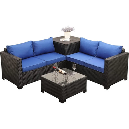 6 Piece Wicker Patio Furniture Set, Sectional Sofa with Glass Coffee Table & Large Storage Box, Loveseat Couch, Outdoor