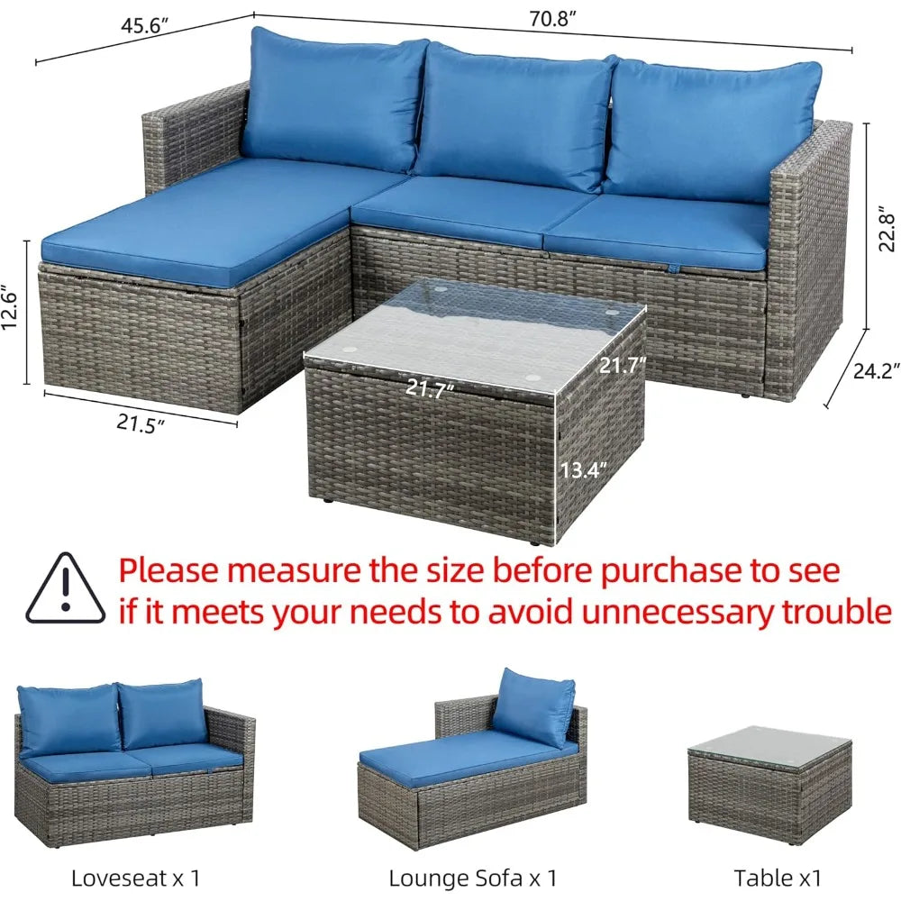 Outdoor Patio Furniture Sets, 3-Piece Patio Seating Sofas with Glass Coffee Table and Cushion, Garden Furniture Set