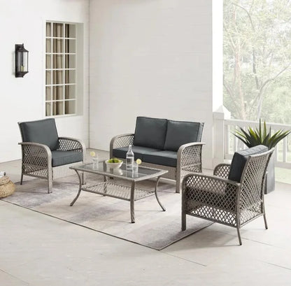 # New Arrival 4-Piece Rattan Patio Conversation Set With Blue Cushions