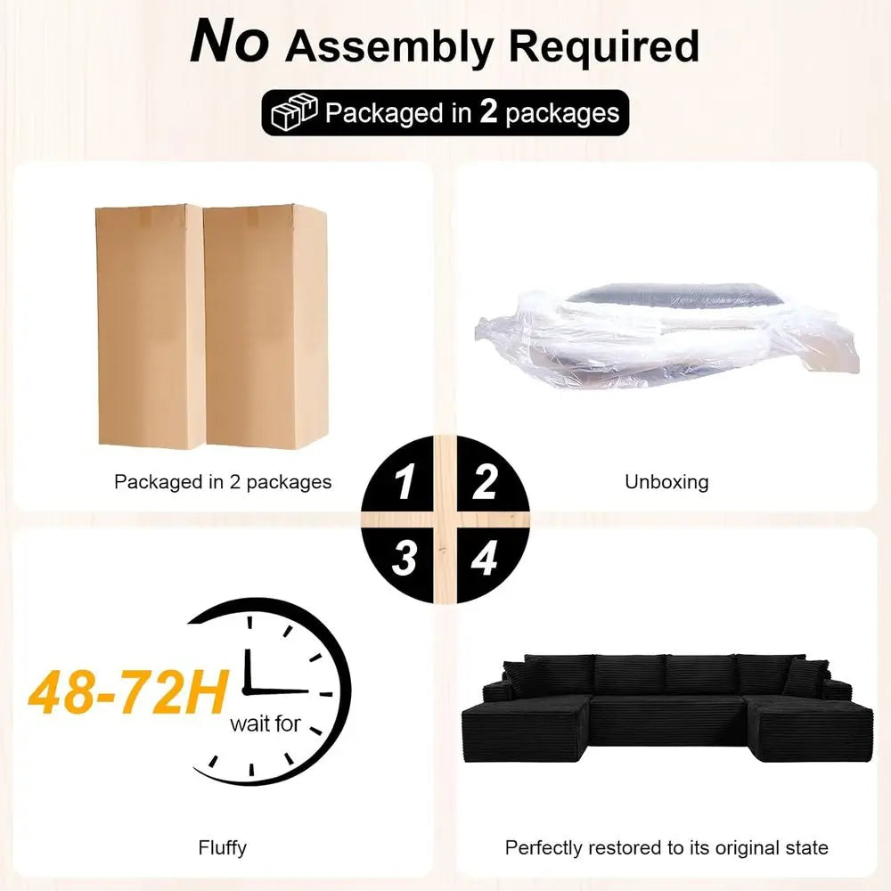 Oversized Chaise Sofa with Cup Holders, Comfortable Corduroy Cloud Couch for Living Room, Easy Assembly, Black