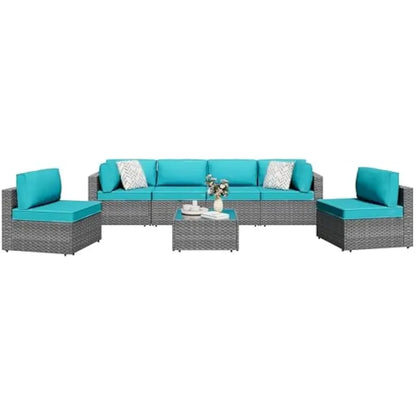 5 Pieces Outdoor Patio Sectional Sofa Couch, PE Wicker Furniture Conversation Sets with Washable Cushions & Glass Coffee Table