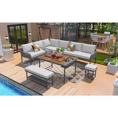 KK 6Piece Rope Patio Furniture LShaped Set Outdoor Sectional Sofa Set with Acacia Wood Table with Ice Box Rope Benches Rope Con