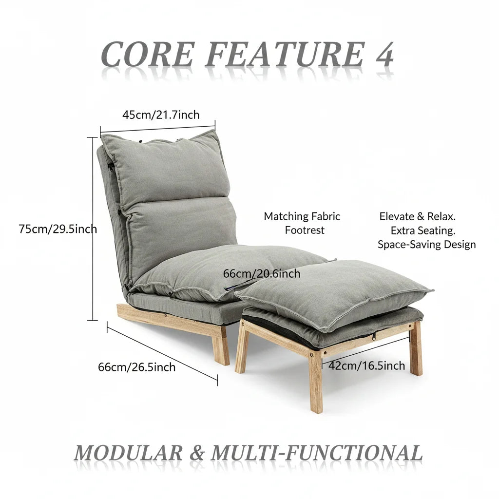 Lounge Chair, Single Lazy Sofa with Ottoman, Leisure Balcony Adjustable Recliner, 5-Position Adjustable Backrest, 330 lbs Capacity, Grey Cotton Linen + Sponge + Solid Wood + Steel