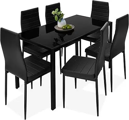 7-Piece Glass Dining Set, Modern Kitchen Table Furniture for Dining Room, Dinette, Compact Space-Saving w/G