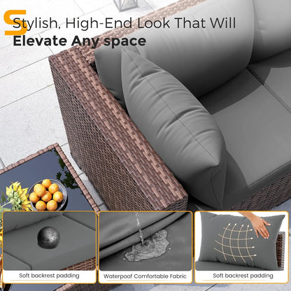 Furniture Set, 7 Piece Sectional Sofas with Wicker Coffee Table, Conversation for Garden, Backyard, Dark Grey, Customized