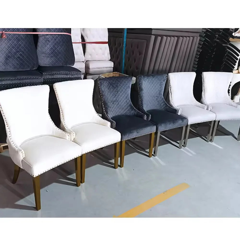 European Luxury Velvet Dining Chairs with Lion Knocker, Modern Button Tufted Design, Stainless Steel Legs  Set of 6