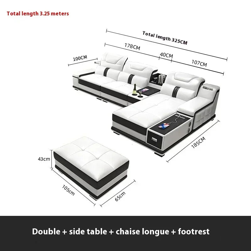 With Bluetooth Speaker And USB Ports Cow Leather Divano Living Room Furniture Luxury Italian Genuine Leather Sectional Sofa Set