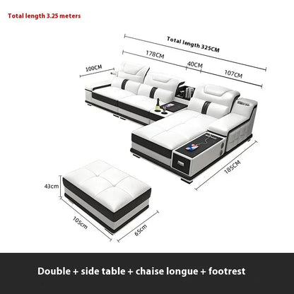 With Bluetooth Speaker And USB Ports Cow Leather Divano Living Room Furniture Luxury Italian Genuine Leather Sectional Sofa Set