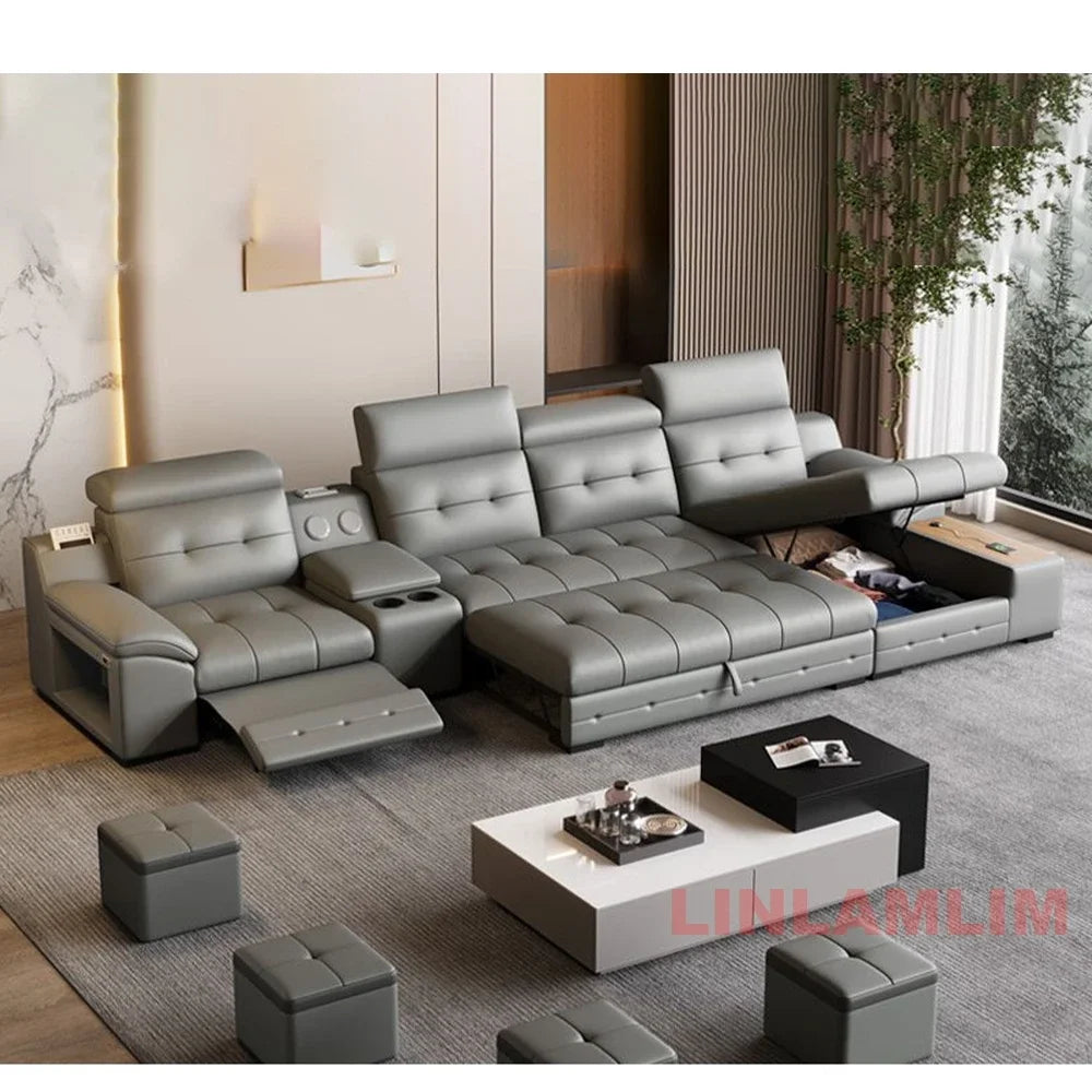 Electric Reclining Sectional Sofa Bed with Cup Holder & Adjustable Headrests – Italian Genuine Leather Convertible Sleeper Couch