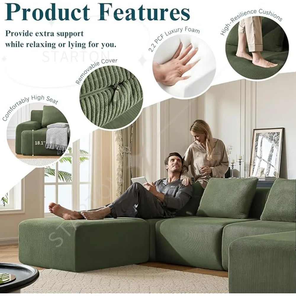 189" Boneless Couches for Living Room, L-Shaped 6-Seat Sofa Modular Sectional Sofa