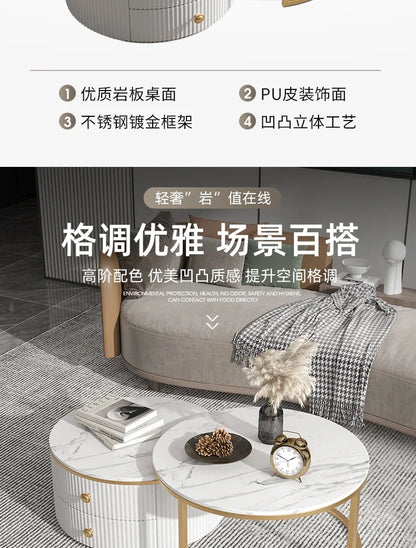 Rock slab coffee table round light luxury TV cabinet combination living room household marble size round