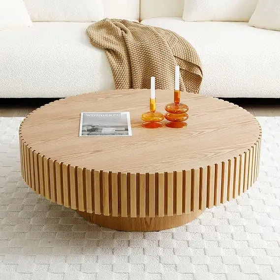 Modern Wooden Round Coffee Table with Storage, Solid Wood Veneer Accent Table for Living Room