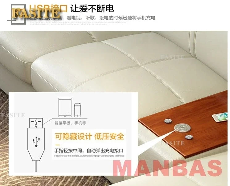 Italian Leather Couch With Heating Seat Cold Fridge Genuine Leather Sofa With Headrests USB, Stools And Storage Easy to clean
