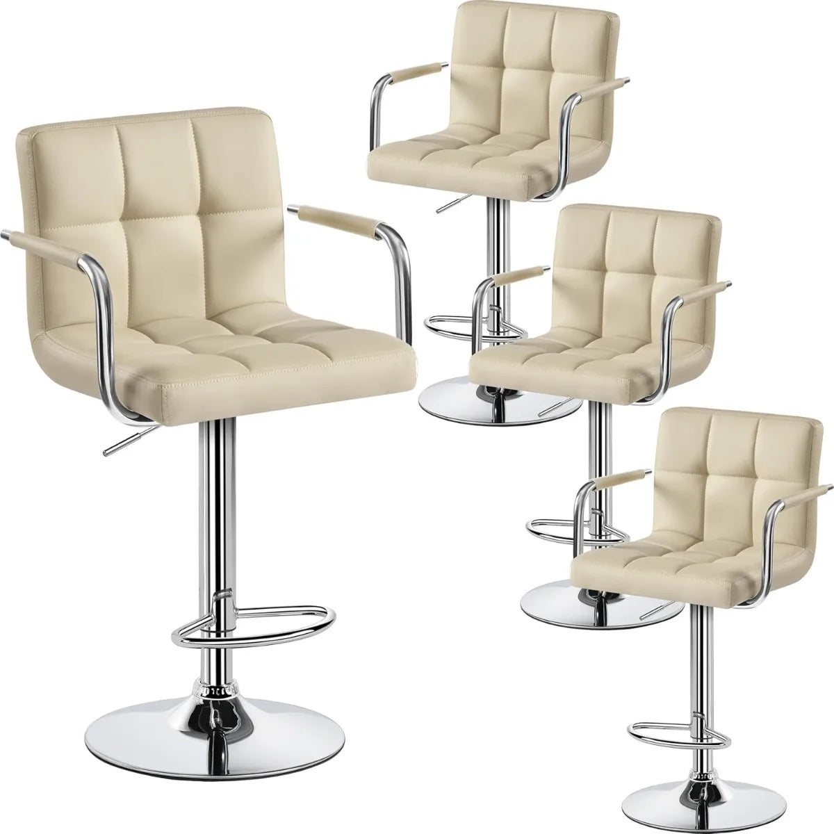 Lot de 2 tabourets de bar pivotants réglables, hauteur de comptoir hydraulique avec accoudoirs et dossier, cuir PU pour cuisine et bar, blanc