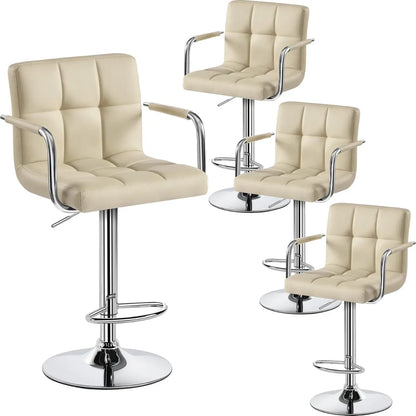 Lot de 2 tabourets de bar pivotants réglables, hauteur de comptoir hydraulique avec accoudoirs et dossier, cuir PU pour cuisine et bar, blanc