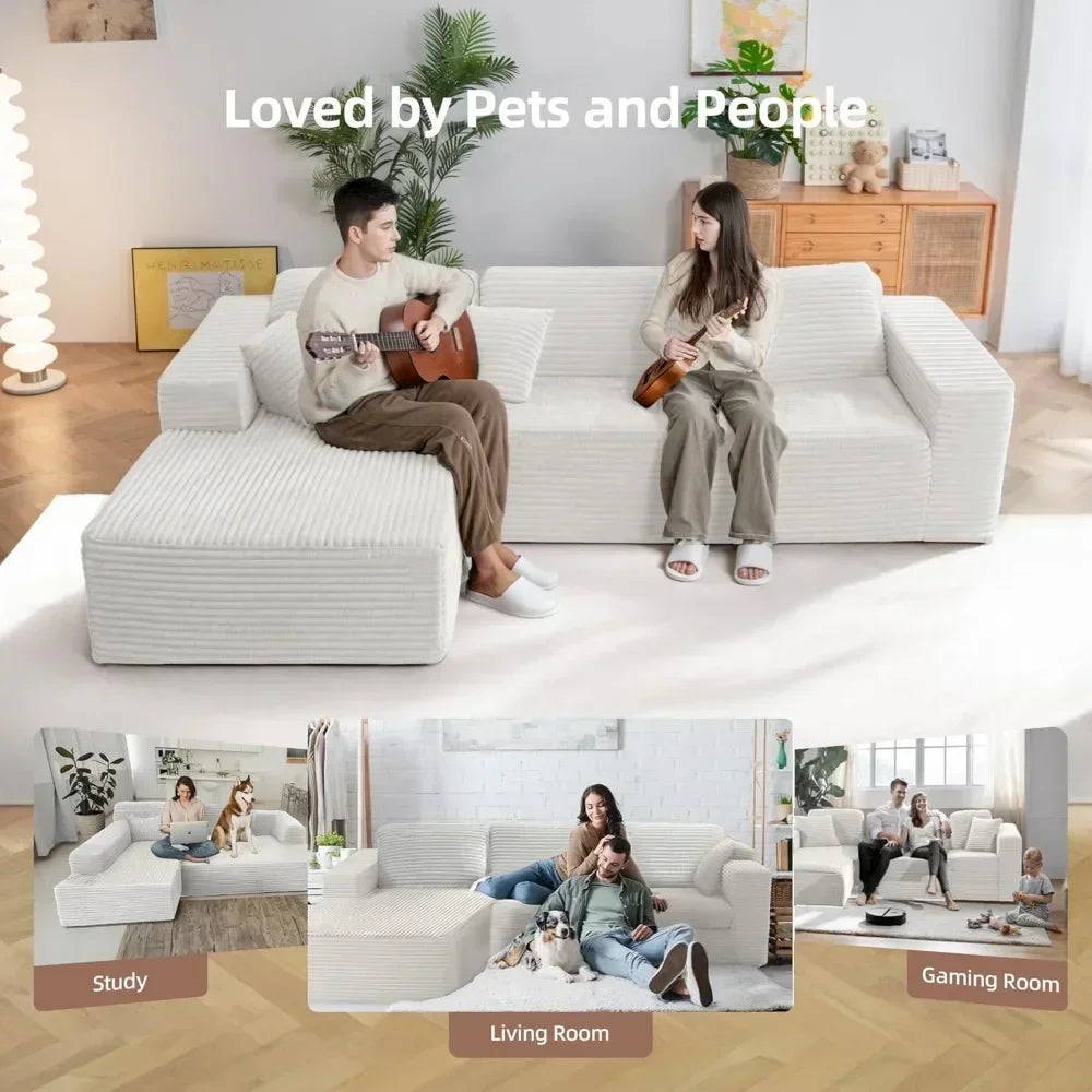 L-Shape Corduroy Sofa with Chaise, Upholstered Couch, Deep Seat, Modular Cloud Sectional, 110