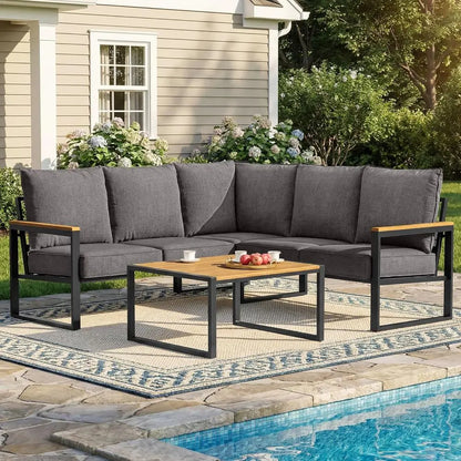 6-Piece Outdoor Sectional Sofa Set with Side Table, L-Shaped Patio Furniture, Grey