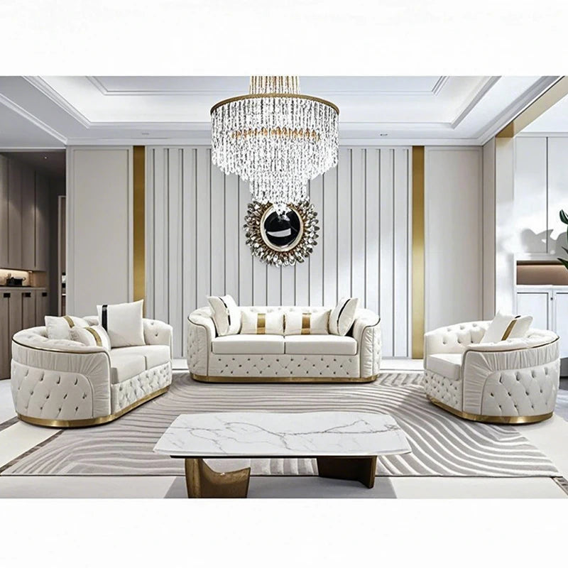 Factory Outlet European Luxury Rose Gold Leg White Chesterfield Sofa Velvet Fabric Button Tufted Living Room Couch Set Furniture